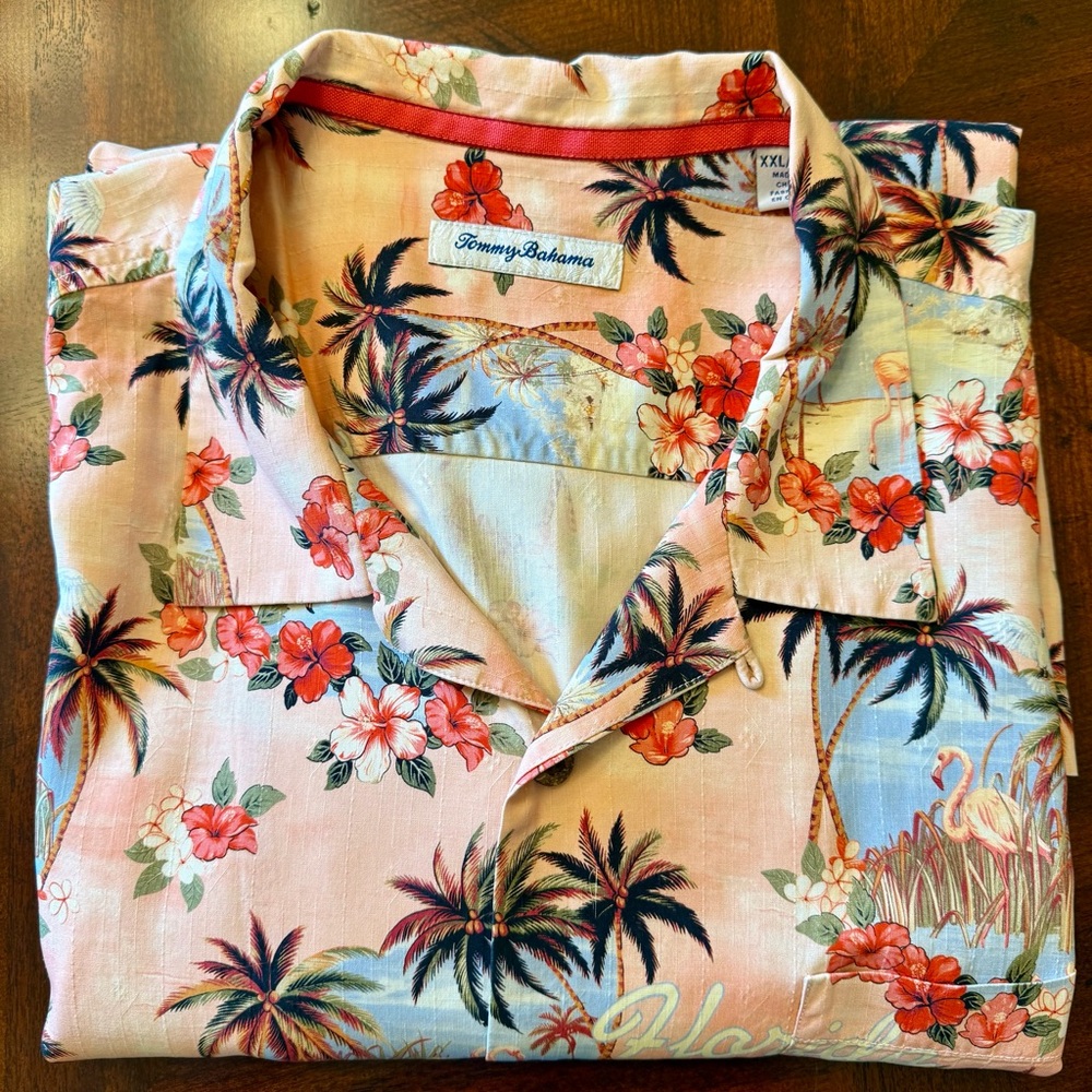 Tommy Bahama Peach Tropical Palm & Red Floral Camp Shirt, 100% SILK